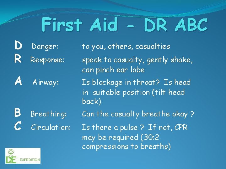 First Aid - DR ABC D R Danger: to you, others, casualties Response: A