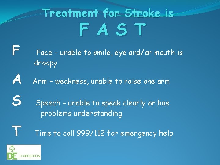 Treatment for Stroke is F A S T Face – unable to smile, eye