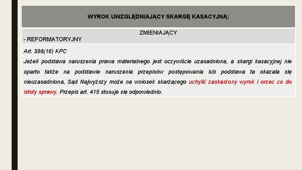 WYROK UWZGLĘDNIAJĄCY SKARGĘ KASACYJNĄ: ZMIENIAJĄCY - REFORMATORYJNY Art. 398(16) KPC Jeżeli podstawa naruszenia prawa