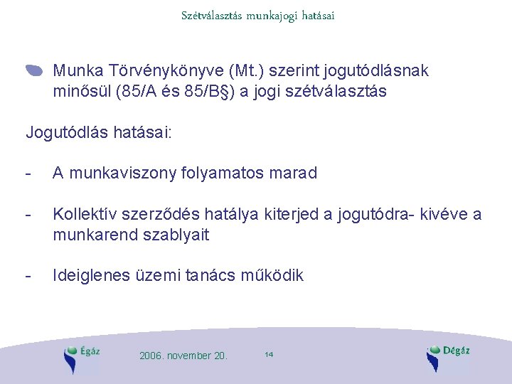 Szétválasztás munkajogi hatásai Munka Törvénykönyve (Mt. ) szerint jogutódlásnak minősül (85/A és 85/B§) a