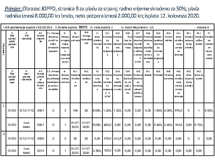 Primjer: Obrazac JOPPD, stranica B za plaću za srpanj; radno vrijeme skraćeno za 50%;