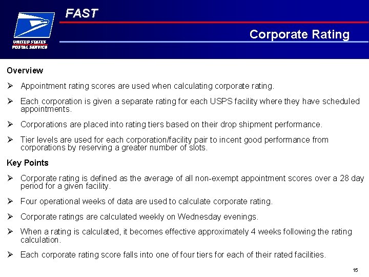 FAST Corporate Rating Overview Ø Appointment rating scores are used when calculating corporate rating.