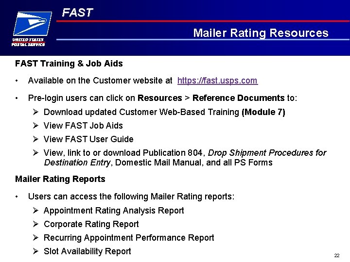 FAST Mailer Rating Resources FAST Training & Job Aids • Available on the Customer