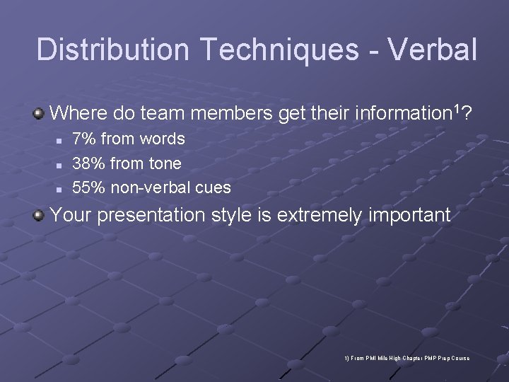 Distribution Techniques - Verbal Where do team members get their information 1? n n Distribution Techniques - Verbal Where do team members get their information 1? n n