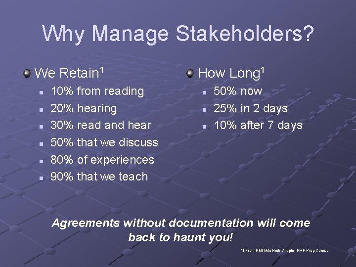 Why Manage Stakeholders? We Retain 1 n n n 10% from reading 20% hearing Why Manage Stakeholders? We Retain 1 n n n 10% from reading 20% hearing