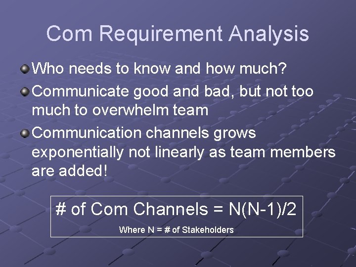 Com Requirement Analysis Who needs to know and how much? Communicate good and bad, Com Requirement Analysis Who needs to know and how much? Communicate good and bad,