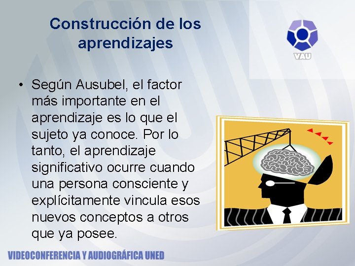 Construcción de los aprendizajes • Según Ausubel, el factor más importante en el aprendizaje Construcción de los aprendizajes • Según Ausubel, el factor más importante en el aprendizaje