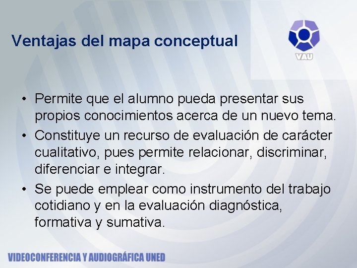 Ventajas del mapa conceptual • Permite que el alumno pueda presentar sus propios conocimientos Ventajas del mapa conceptual • Permite que el alumno pueda presentar sus propios conocimientos