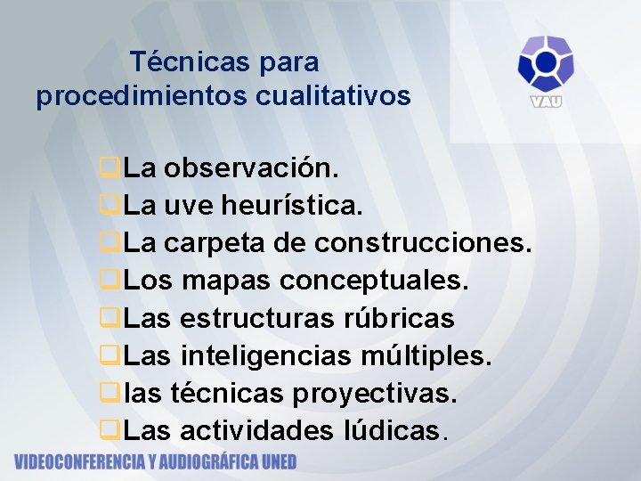Técnicas para procedimientos cualitativos q. La observación. q. La uve heurística. q. La carpeta Técnicas para procedimientos cualitativos q. La observación. q. La uve heurística. q. La carpeta