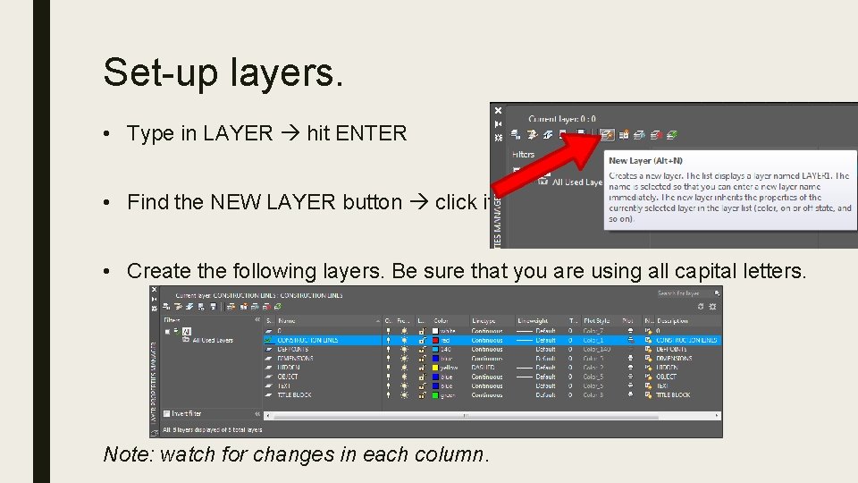 Set-up layers. • Type in LAYER hit ENTER • Find the NEW LAYER button