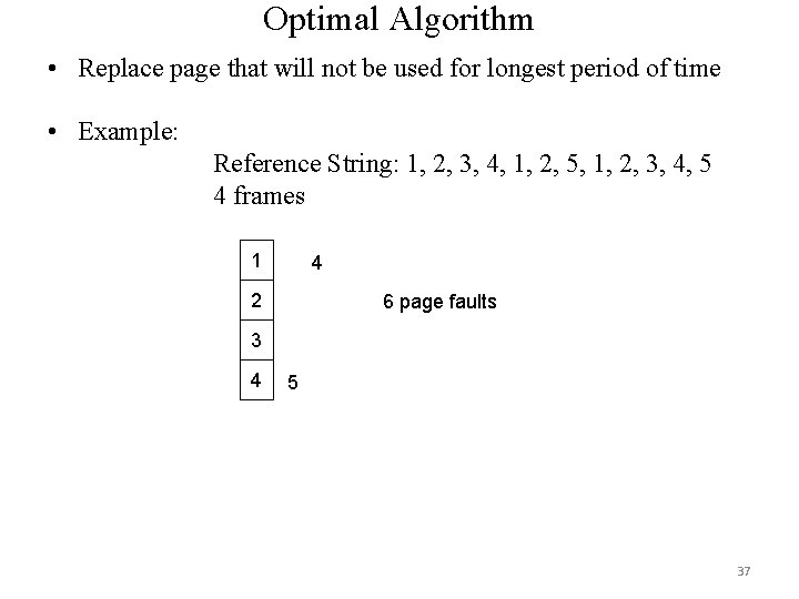 Optimal Algorithm • Replace page that will not be used for longest period of