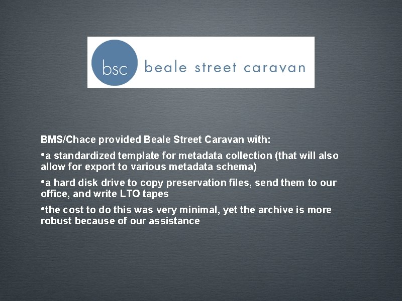 BMS/Chace provided Beale Street Caravan with: • a standardized template for metadata collection (that