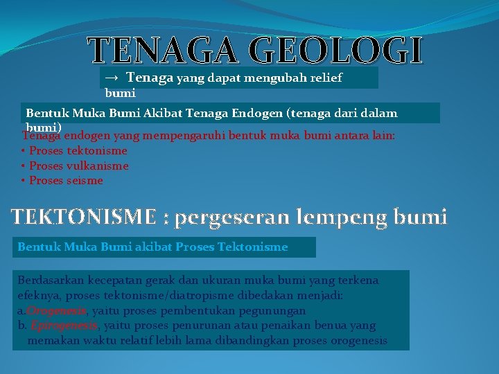 TENAGA GEOLOGI → Tenaga yang dapat mengubah relief bumi Bentuk Muka Bumi Akibat Tenaga