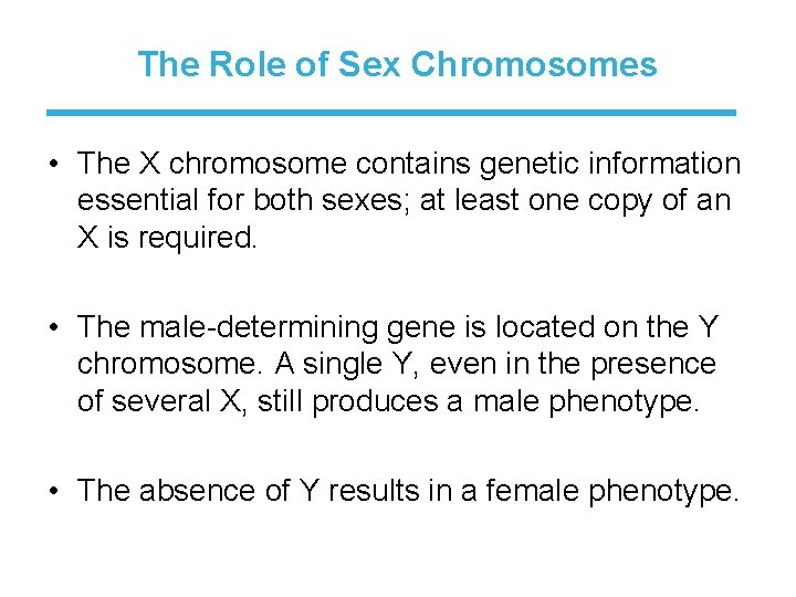 The Role of Sex Chromosomes • The X chromosome contains genetic information essential for