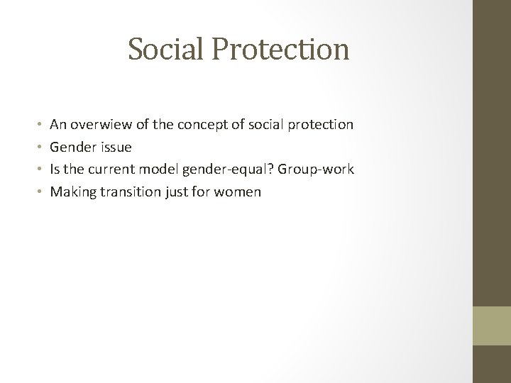 Social Protection • • An overwiew of the concept of social protection Gender issue