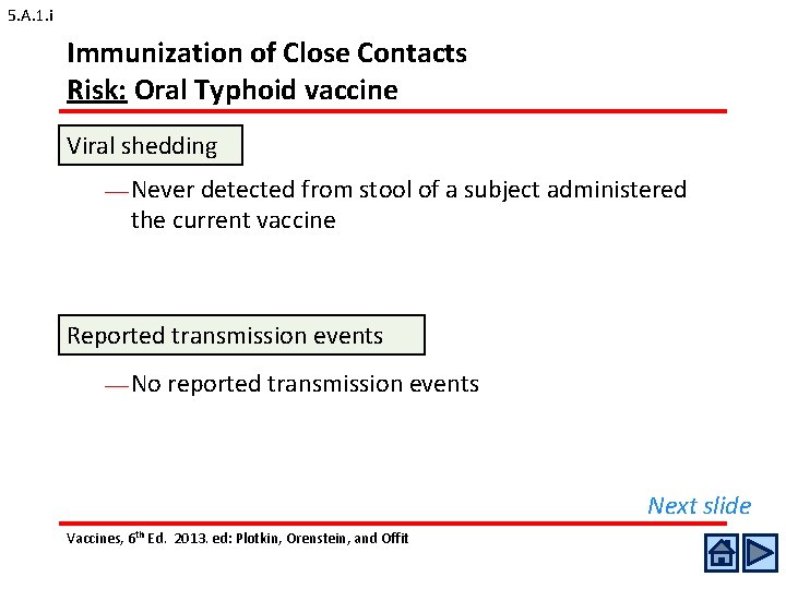 5. A. 1. i Immunization of Close Contacts Risk: Oral Typhoid vaccine Viral shedding 5. A. 1. i Immunization of Close Contacts Risk: Oral Typhoid vaccine Viral shedding