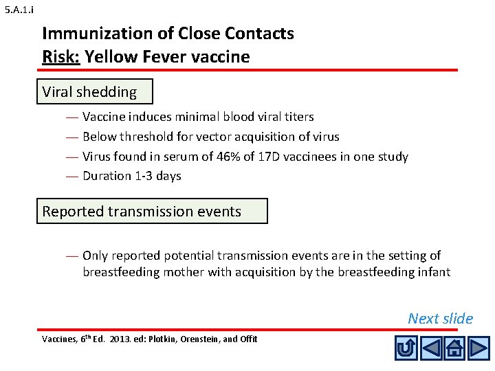 5. A. 1. i Immunization of Close Contacts Risk: Yellow Fever vaccine Viral shedding 5. A. 1. i Immunization of Close Contacts Risk: Yellow Fever vaccine Viral shedding
