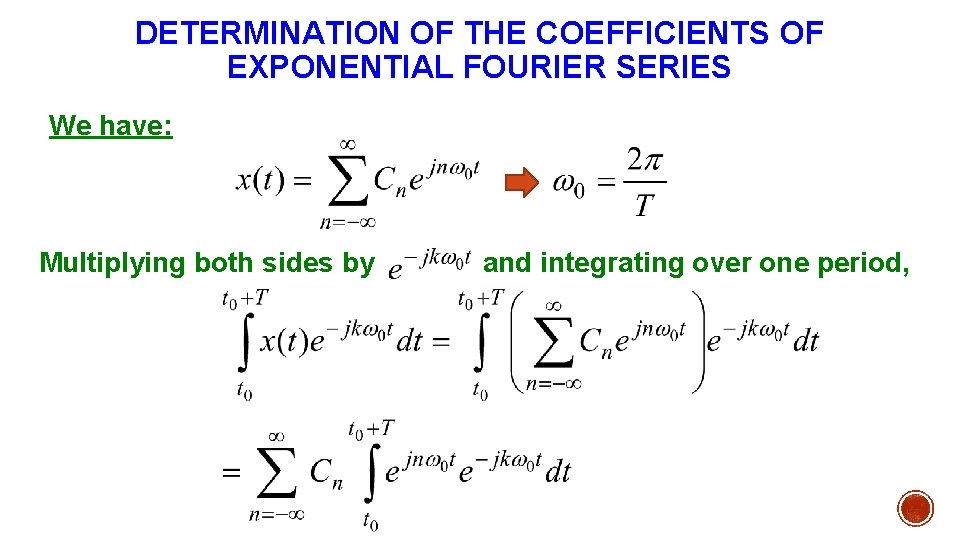 DETERMINATION OF THE COEFFICIENTS OF EXPONENTIAL FOURIER SERIES We have: Multiplying both sides by