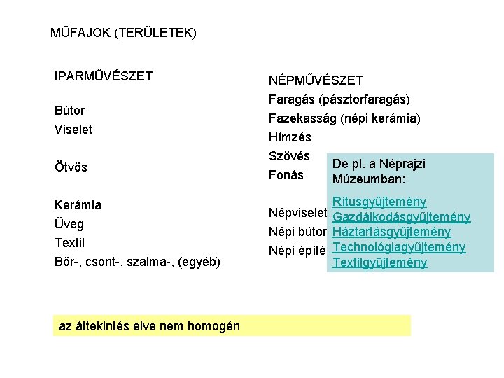 MŰFAJOK (TERÜLETEK) IPARMŰVÉSZET NÉPMŰVÉSZET Bútor Faragás (pásztorfaragás) Fazekasság (népi kerámia) Viselet Ötvös Kerámia Üveg