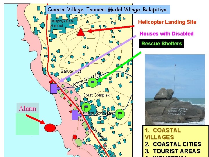 Coastal Village: Tsunami Model Village, Balapitiya. Helicopter Landing Site Houses with Disabled Rescue Shelters