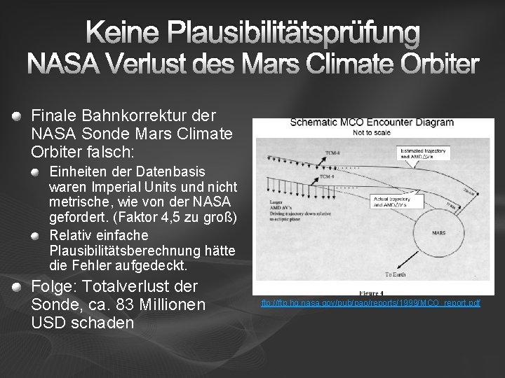 Keine Plausibilitätsprüfung NASA Verlust des Mars Climate Orbiter Finale Bahnkorrektur der NASA Sonde Mars