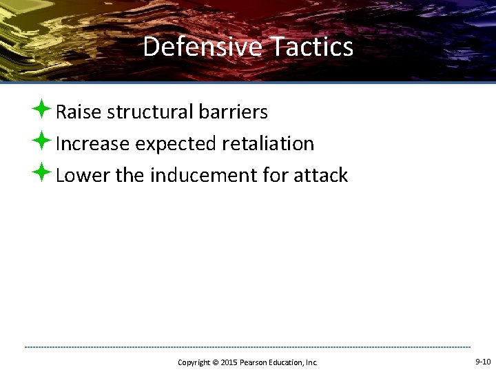 Defensive Tactics ªRaise structural barriers ªIncrease expected retaliation ªLower the inducement for attack Copyright