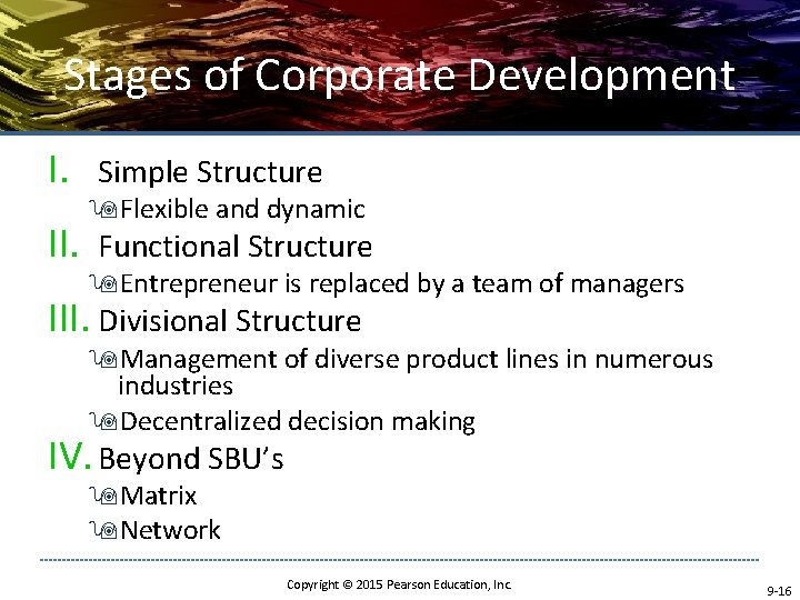 Stages of Corporate Development I. II. Simple Structure 9 Flexible and dynamic Functional Structure