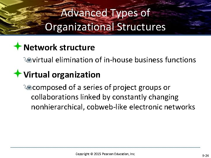 Advanced Types of Organizational Structures ªNetwork structure 9 virtual elimination of in-house business functions