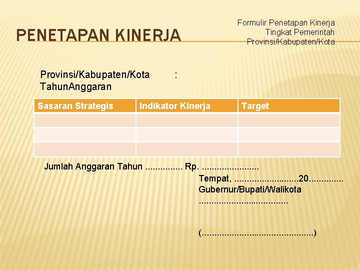 Formulir Penetapan Kinerja Tingkat Pemerintah Provinsi/Kabupaten/Kota PENETAPAN KINERJA Provinsi/Kabupaten/Kota Tahun. Anggaran Sasaran Strategis :