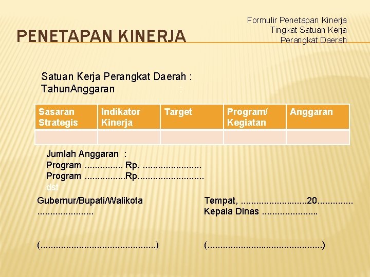 PENETAPAN KINERJA Formulir Penetapan Kinerja Tingkat Satuan Kerja Perangkat Daerah : Tahun. Anggaran :
