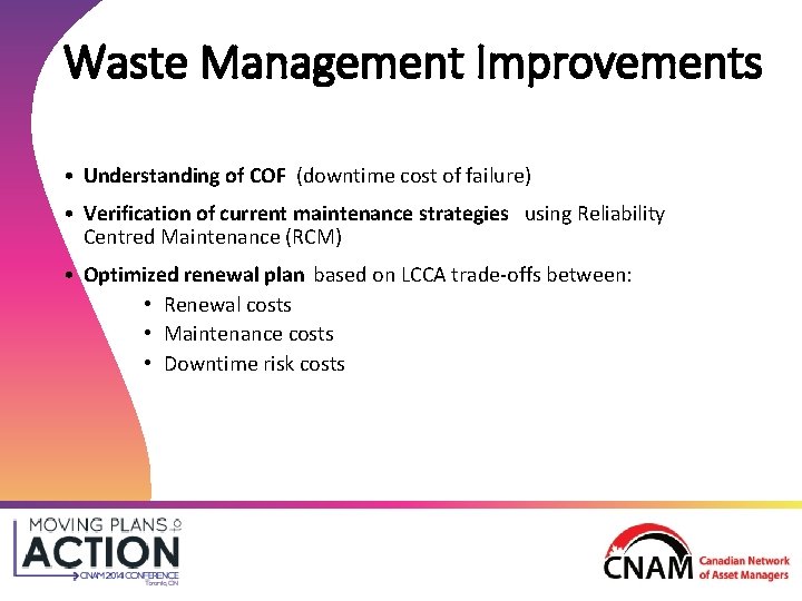 Waste Management Improvements • Understanding of COF (downtime cost of failure) • Verification of