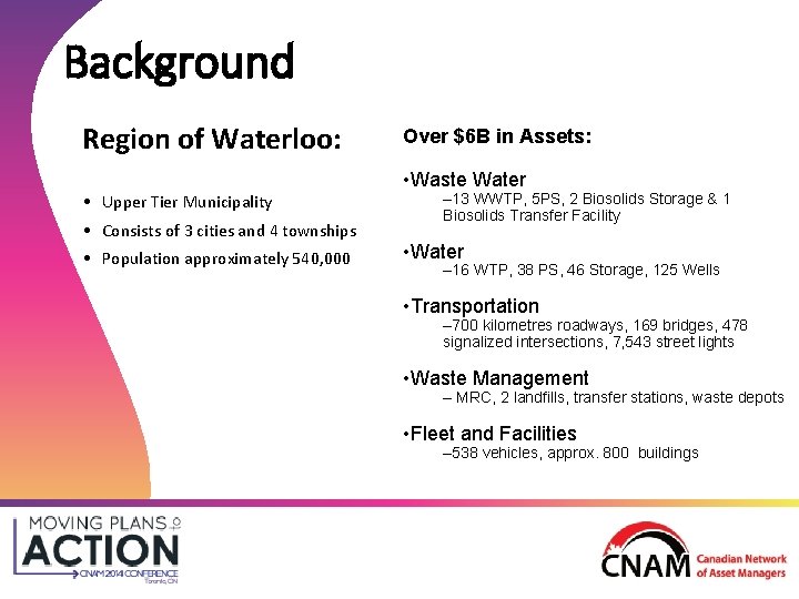 Background Region of Waterloo: • Upper Tier Municipality • Consists of 3 cities and