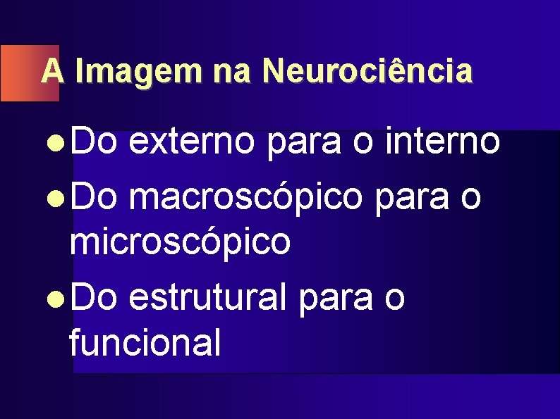 A Imagem na Neurociência l Do externo para o interno l Do macroscópico para