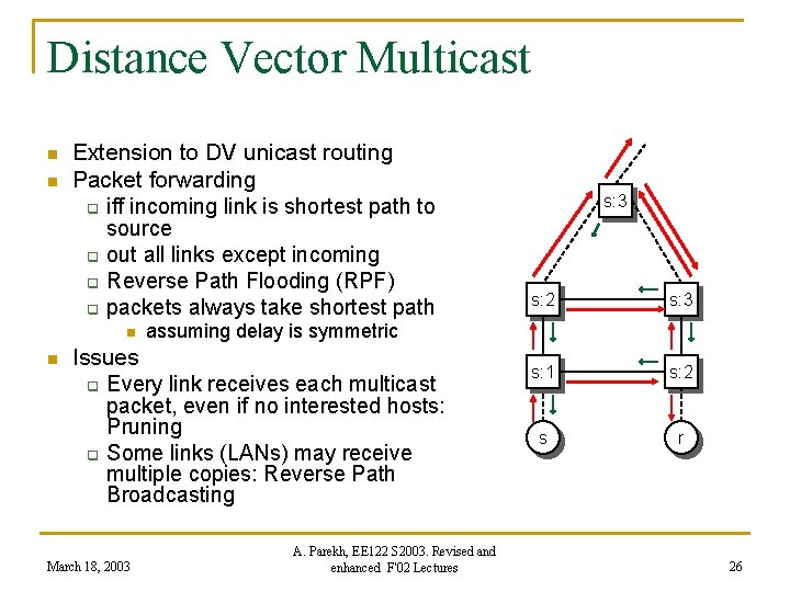 Distance Vector Multicast n n Extension to DV unicast routing Packet forwarding q iff