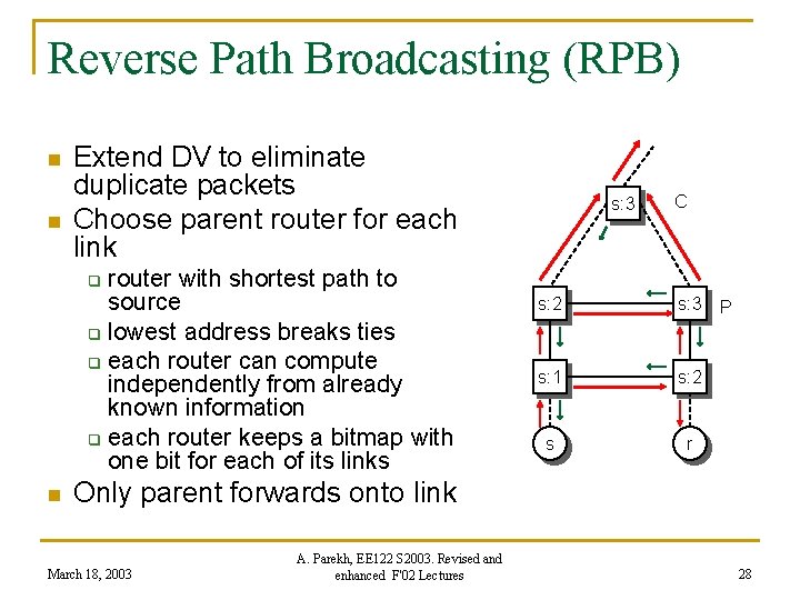 Reverse Path Broadcasting (RPB) n n Extend DV to eliminate duplicate packets Choose parent
