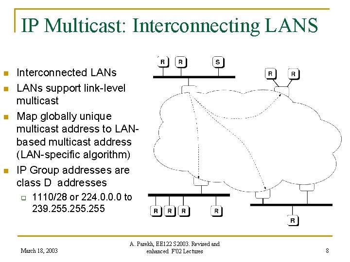 IP Multicast: Interconnecting LANS n n Interconnected LANs support link-level multicast Map globally unique