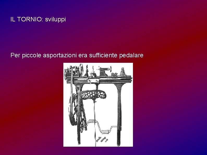 IL TORNIO: sviluppi Per piccole asportazioni era sufficiente pedalare 