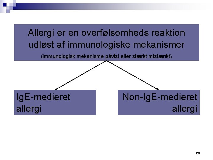Allergi er en overfølsomheds reaktion udløst af immunologiske mekanismer (immunologisk mekanisme påvist eller stærkt