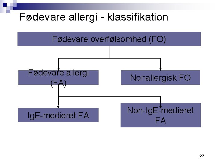 Fødevare allergi - klassifikation Fødevare overfølsomhed (FO) Fødevare allergi (FA) Nonallergisk FO Ig. E-medieret