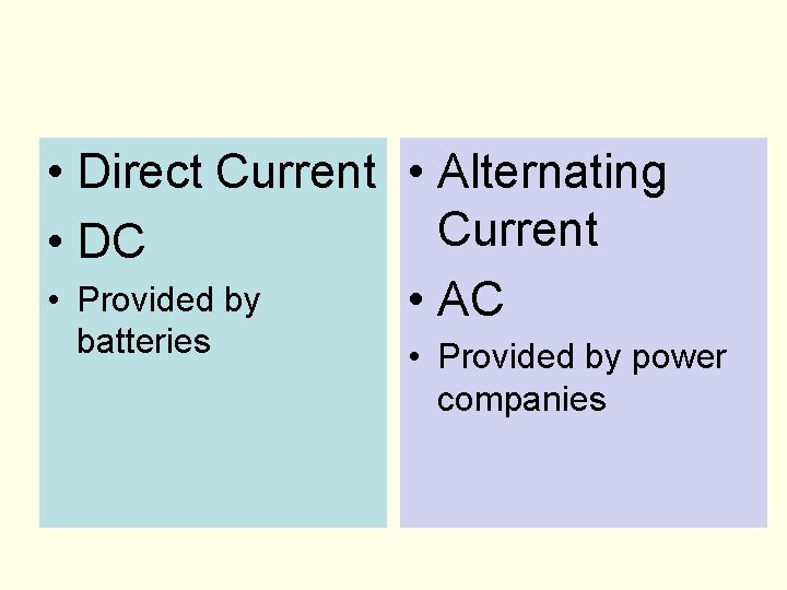  • Direct Current • Alternating Current • DC • Provided by • AC
