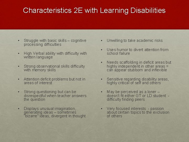 Characteristics 2 E with Learning Disabilities • • Struggle with basic skills – cognitive
