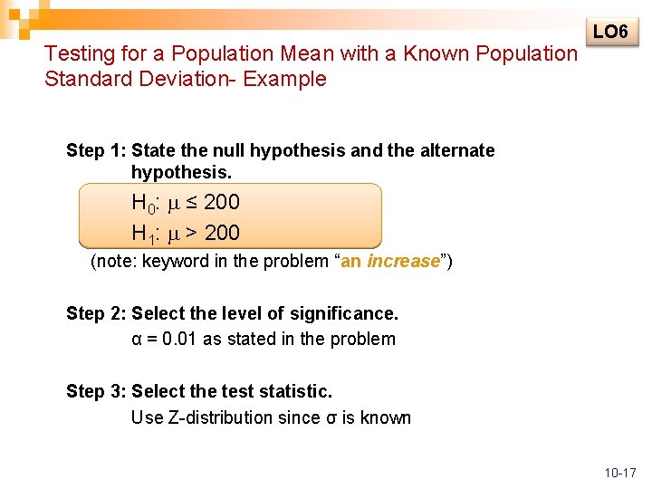Testing for a Population Mean with a Known Population Standard Deviation- Example LO 6