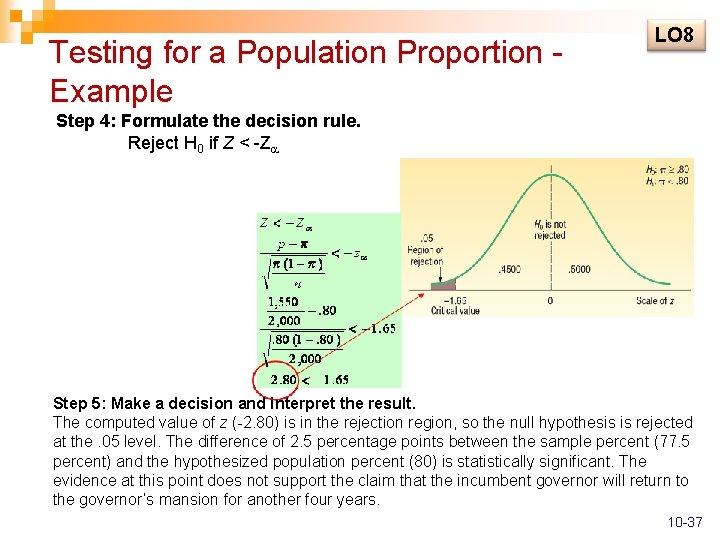 Testing for a Population Proportion Example LO 8 Step 4: Formulate the decision rule.
