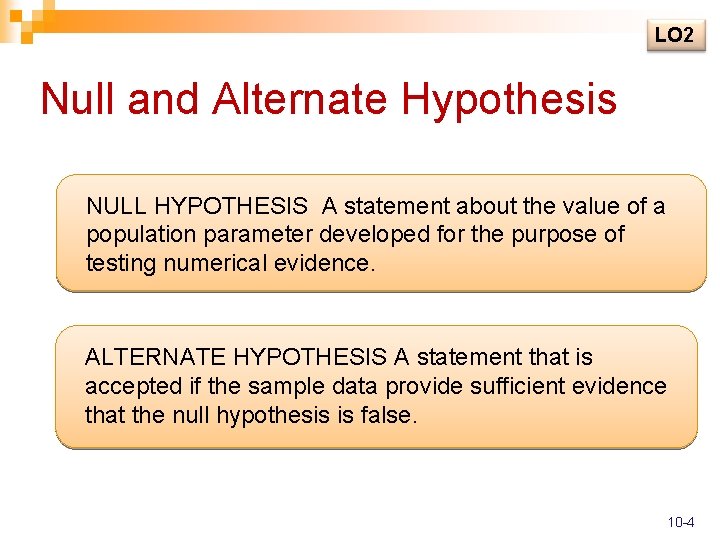 LO 2 Null and Alternate Hypothesis NULL HYPOTHESIS A statement about the value of