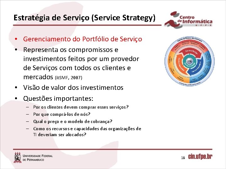 Estratégia de Serviço (Service Strategy) • Gerenciamento do Portfólio de Serviço • Representa os