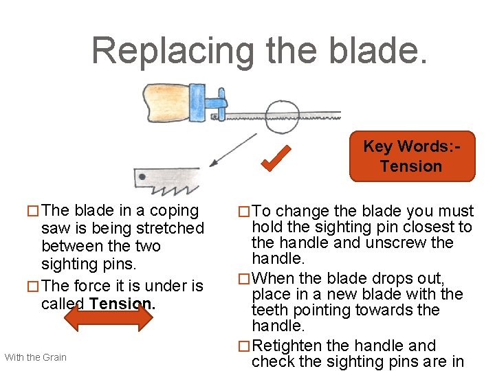 Replacing the blade. Key Words: Tension � The blade in a coping saw is