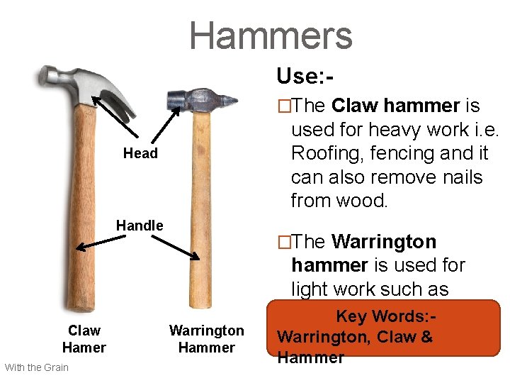 Hammers Use: �The Claw hammer is used for heavy work i. e. Roofing, fencing