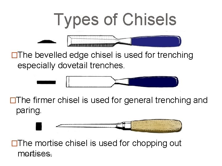 Types of Chisels �The bevelled edge chisel is used for trenching especially dovetail trenches.
