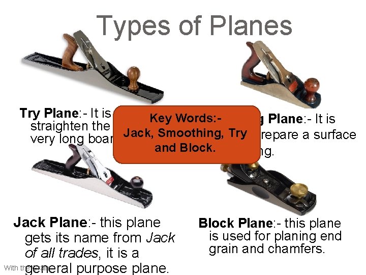 Types of Planes Try Plane: - It is used to Key Words: Smoothing Plane: