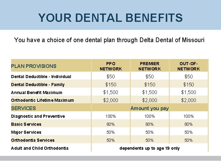 YOUR DENTAL BENEFITS You have a choice of one dental plan through Delta Dental